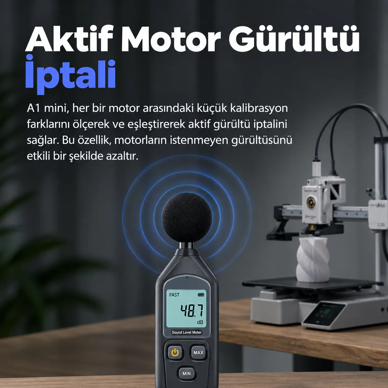 Bambu Lab A1 Mini Combo aktif motor gürültü iptali