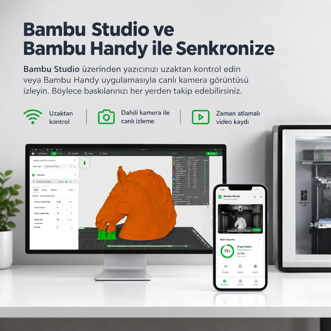 Bambu Lab P1S Combo AMS2 Pro Bambu Studio ve Bambu Handy ile uzaktan kontrol