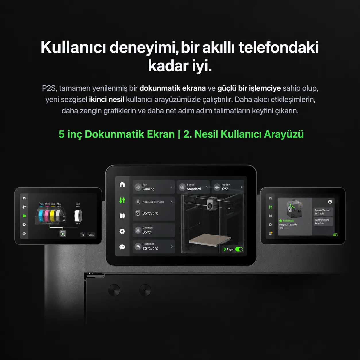 Bambu Lab P2S 5 inç dokunmatik ekran ve kullanıcı arayüzü