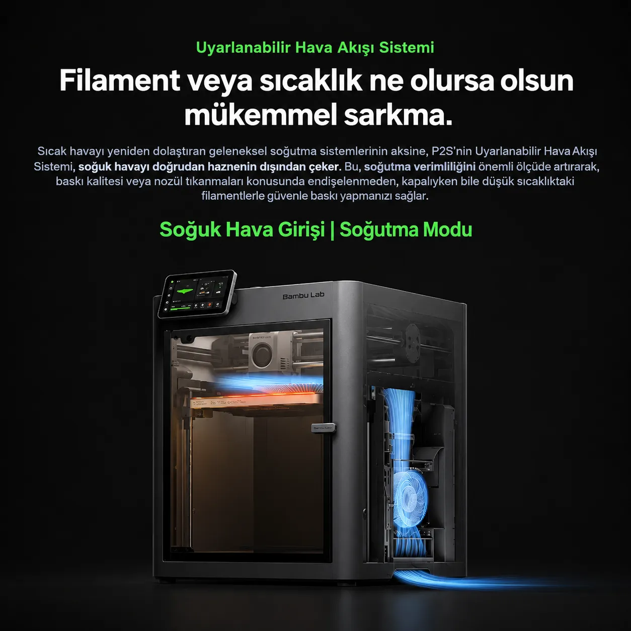Bambu Lab P2S uyarlanabilir hava akışı ve soğutma modu