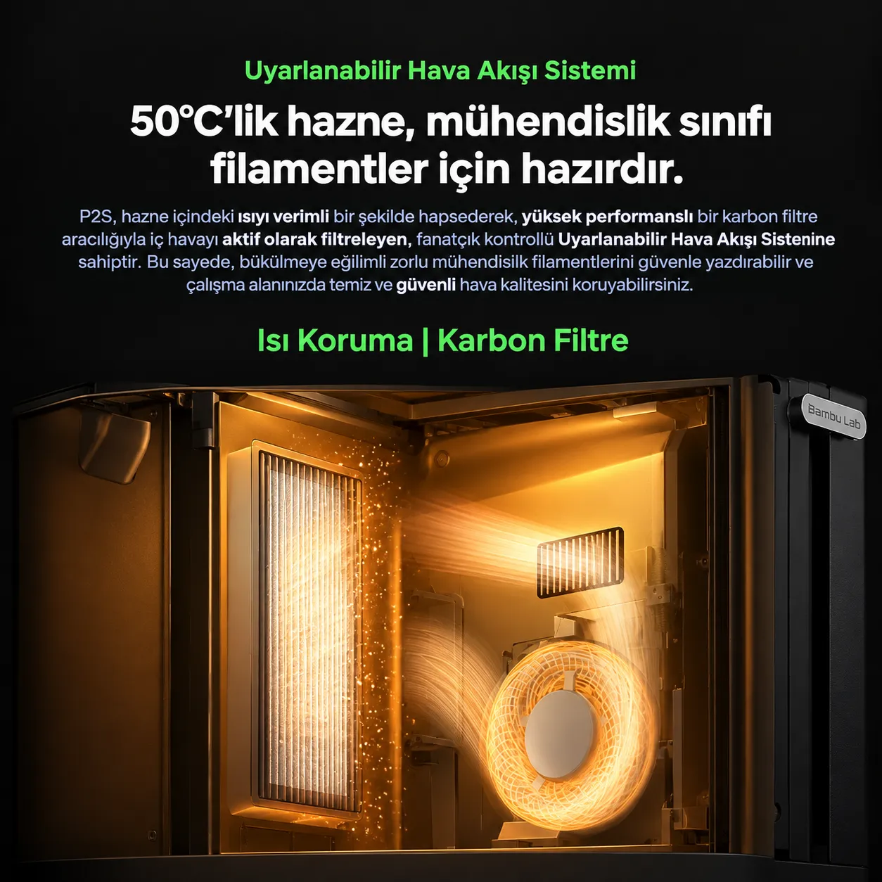 Bambu Lab P2S 50 °C hazne ve karbon filtre