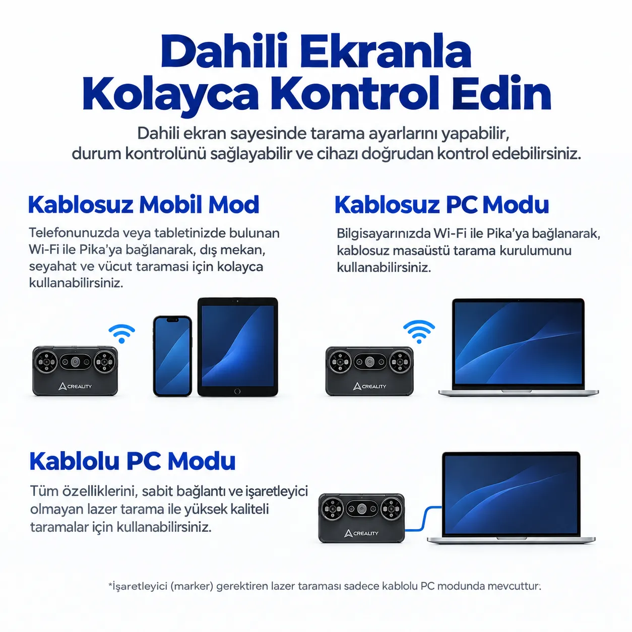 Creality Pika kablosuz mobil, kablosuz PC ve kablolu PC modları